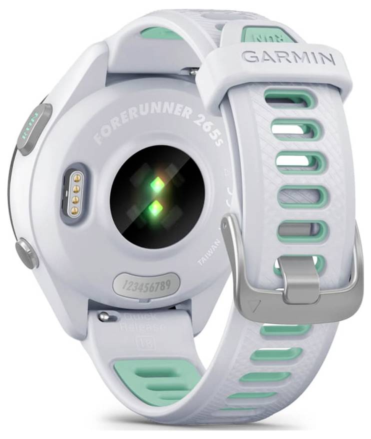 Vista posteriore di un orologio GPS da corsa Garmin Forerunner 265S in bianco e teal, che mostra il modulo sensore e il cinturino regolabile.