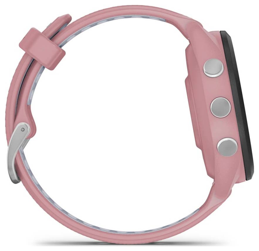Smartwatch rosa con quadrante rotondo, pulsanti laterali e fibbia argentata, mostrato in profilo su sfondo bianco.