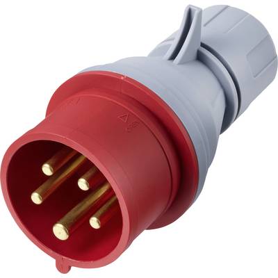 Connettore di spina elettrica industriale rosso con cinque perni in ottone, angolato su sfondo bianco.
