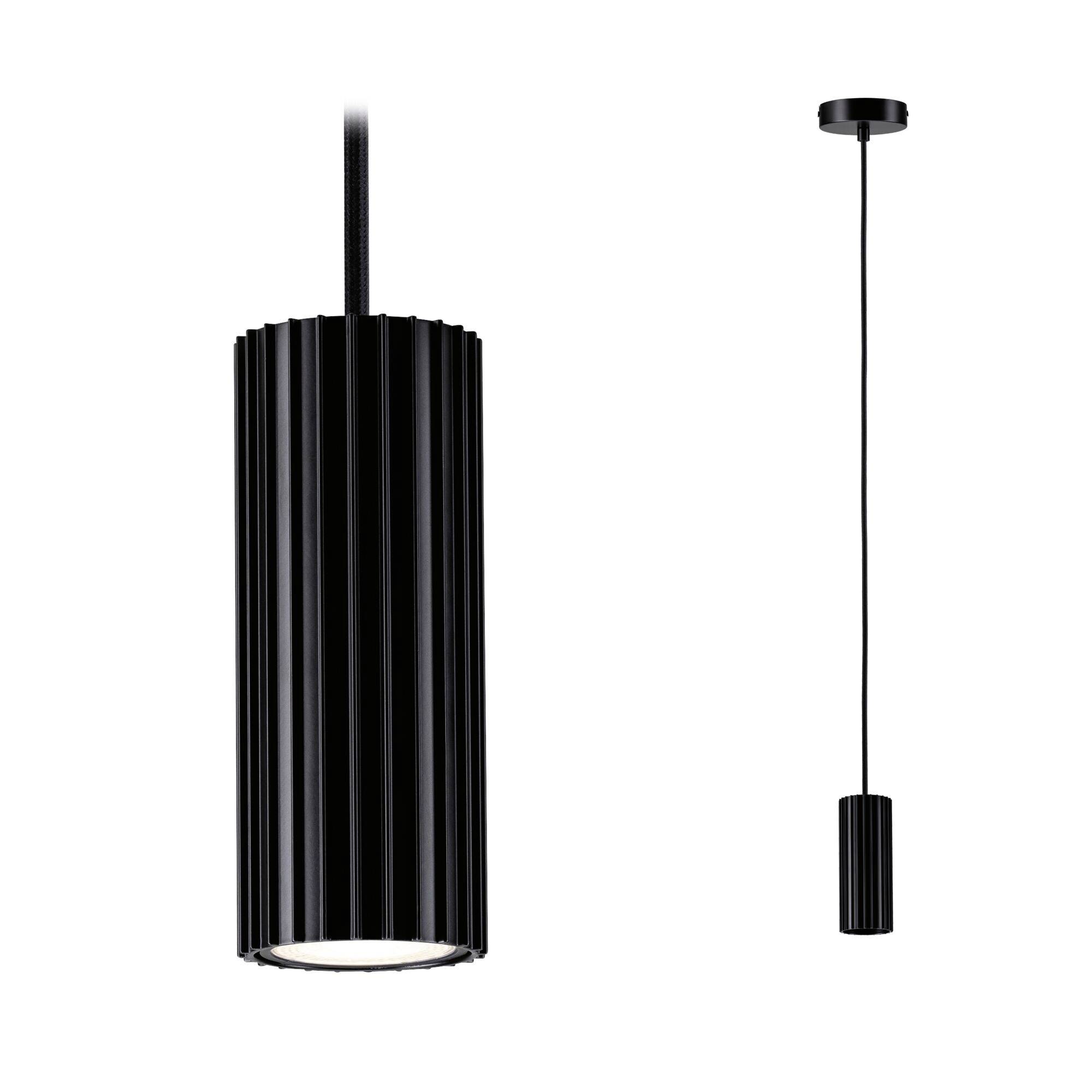 Lampada a sospensione cilindrica nera con paralume a costolature e lungo cavo di sospensione, mostrata nelle viste frontale e laterale su sfondo bianco.