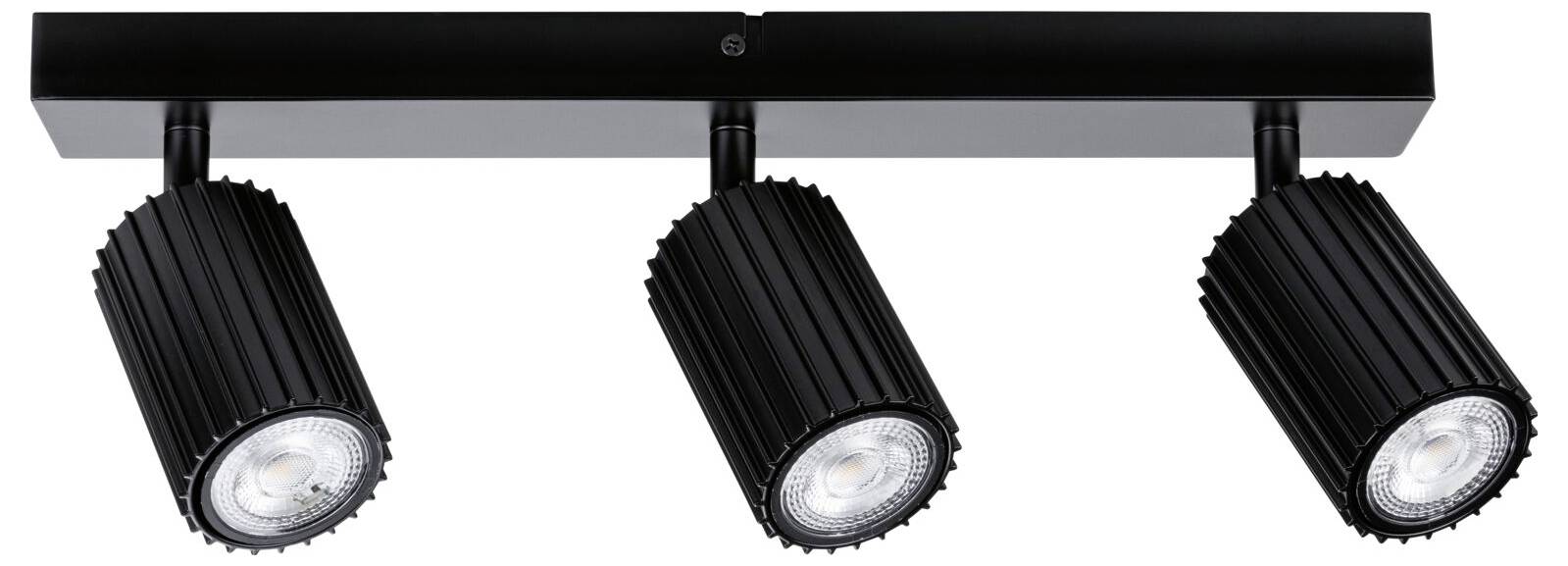 Lampada a binario da soffitto nera con tre faretti orientabili montati su una barra rettangolare.