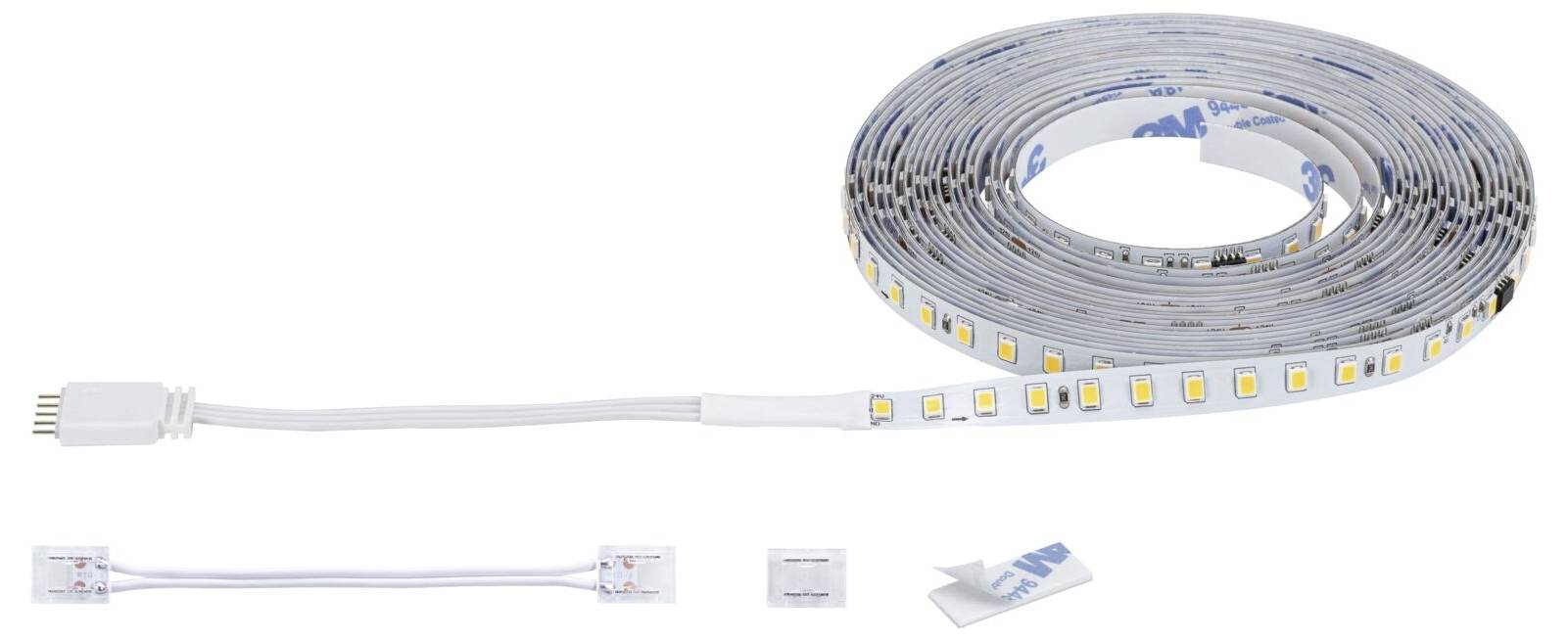 Striscia di luci LED avvolta con connettori e adattatori bianchi, mostrata come immagine di prodotto su sfondo bianco.