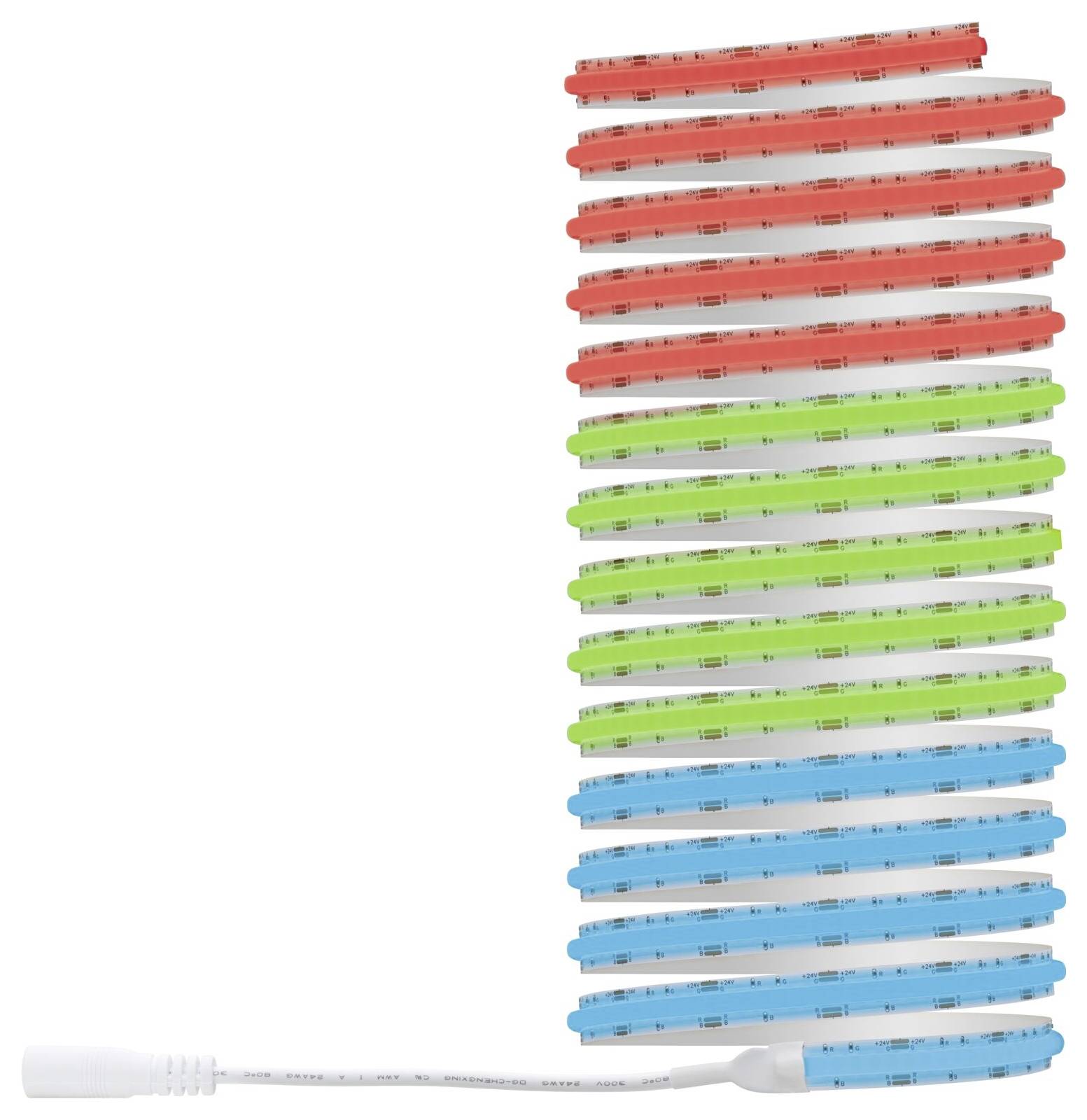 Un cavo bianco arrotolato con segmenti traslucidi rossi, verdi e blu impilati, che assomiglia a una striscia luminosa LED flessibile codificata per colore.