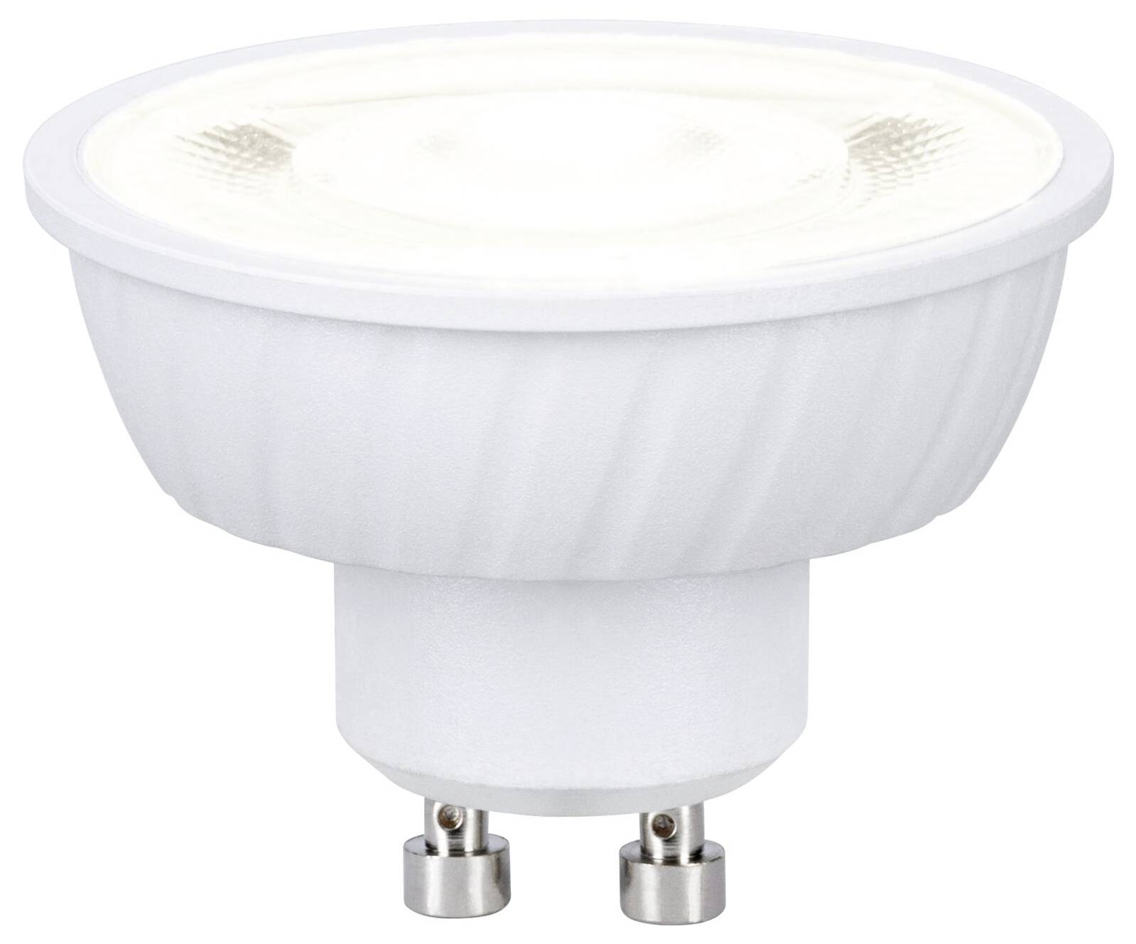 Lampadina LED spotlight bianca con attacco GU10 a due piedini, mostrata su uno sfondo semplice.