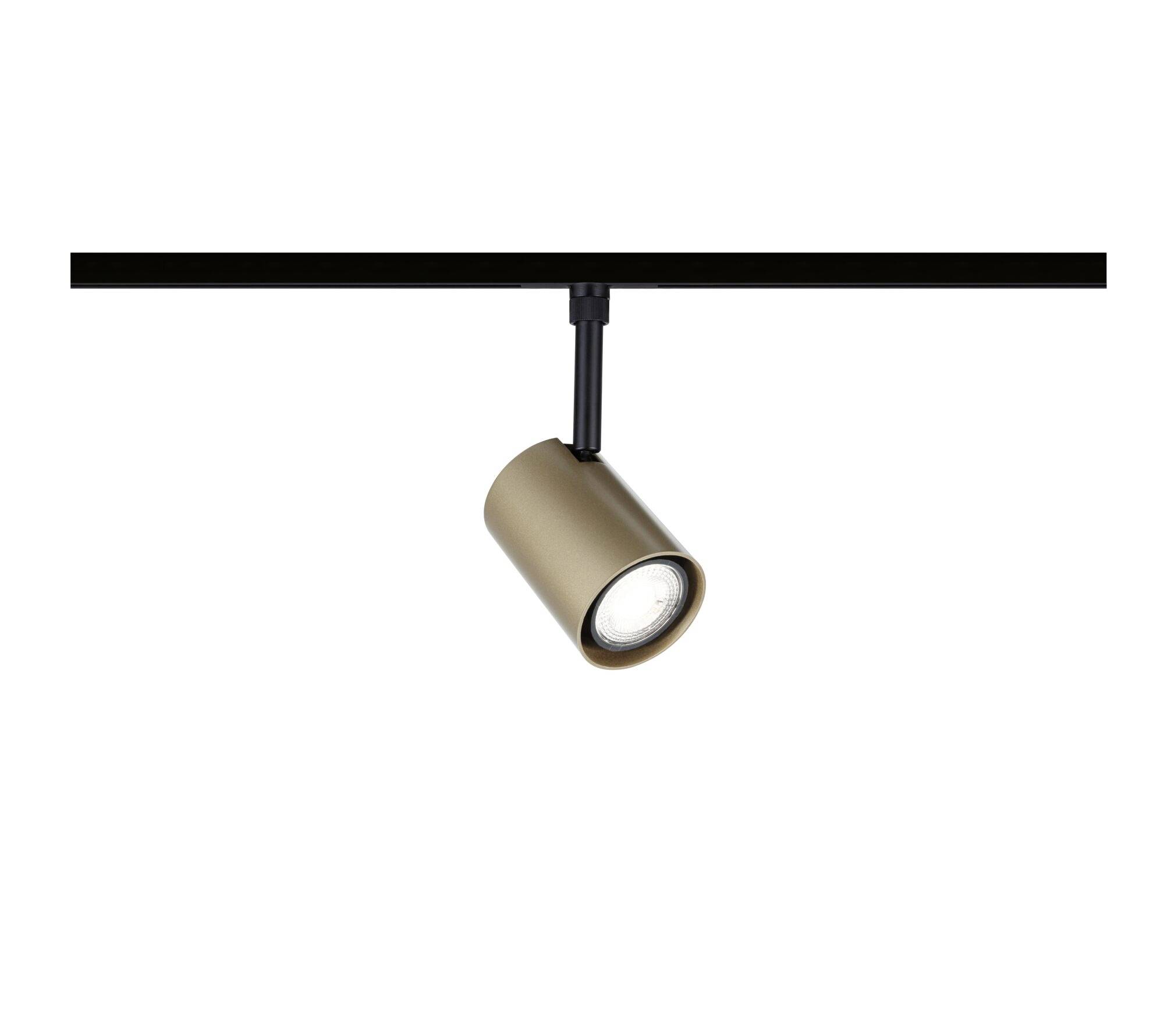 Un faretto cilindrico in oro su binario nero montato su soffitto, inclinato verso il basso su sfondo bianco.