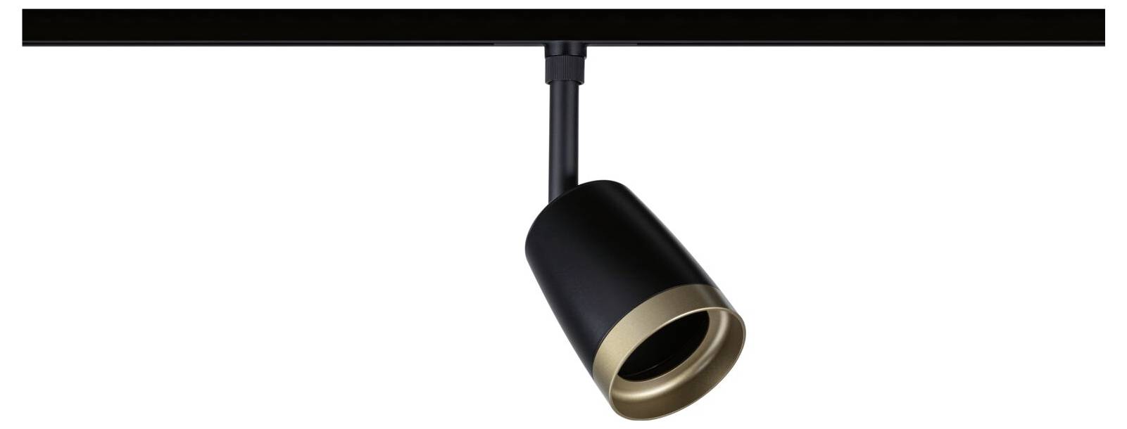 Faretto a binario nero regolabile con lente bordata d'oro montato su una guida soffitto, orientato verso il basso su sfondo bianco.