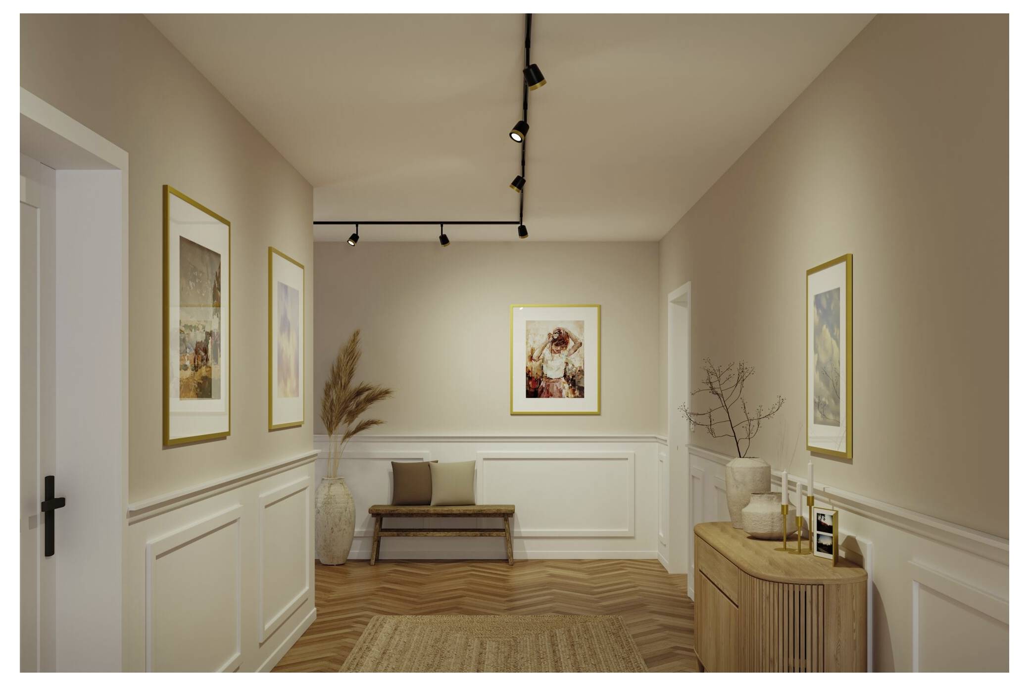 Una sala bianca crema o galleria con opere d'arte incorniciate, panca, tavolo consolle, vaso con erbe secche e illuminazione a binario.