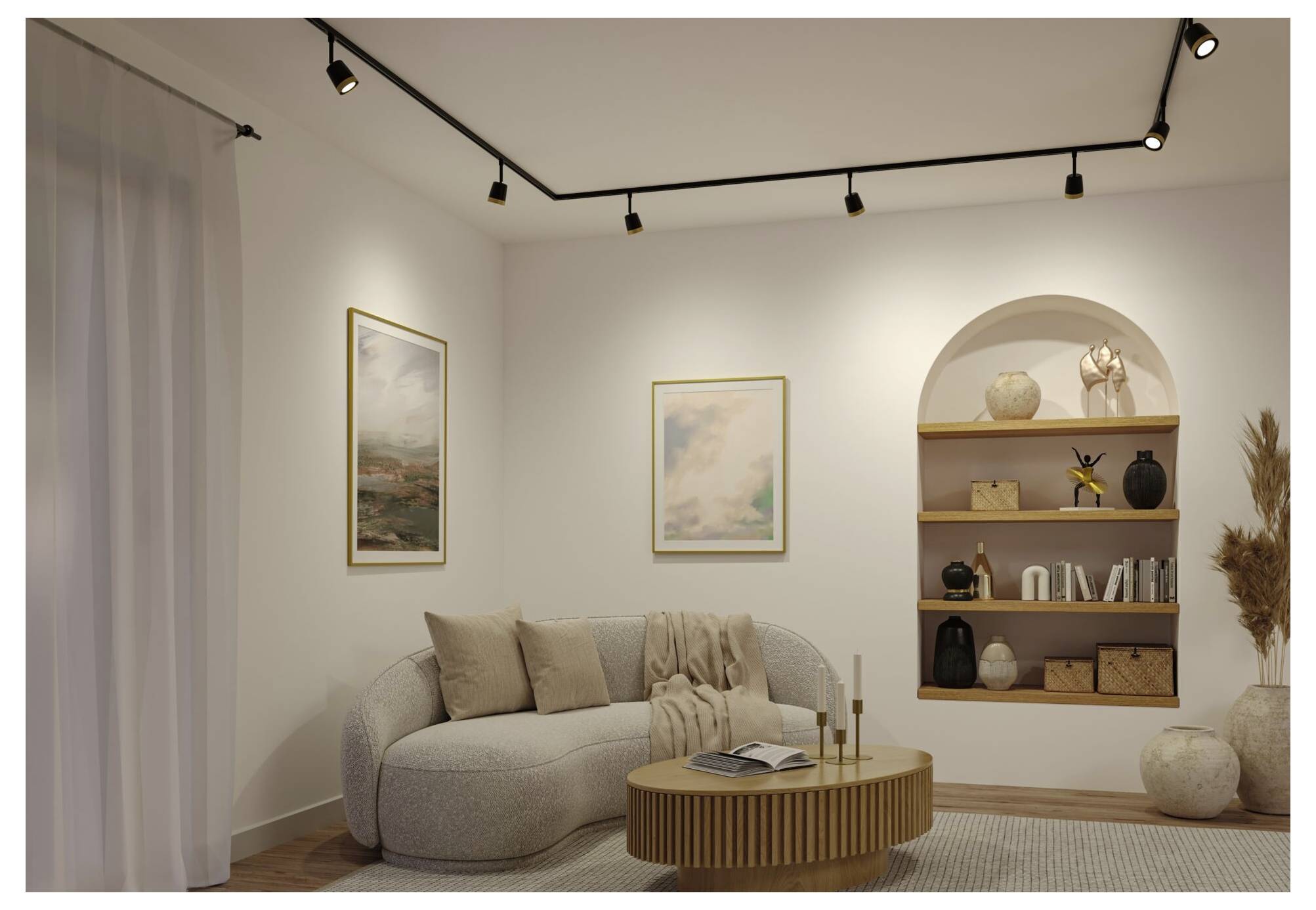 Soggiorno moderno beige con divano curvo, tavolino da caffè in legno rotondo, arte murale, decorazione con scaffale ad arco e illuminazione a binario.