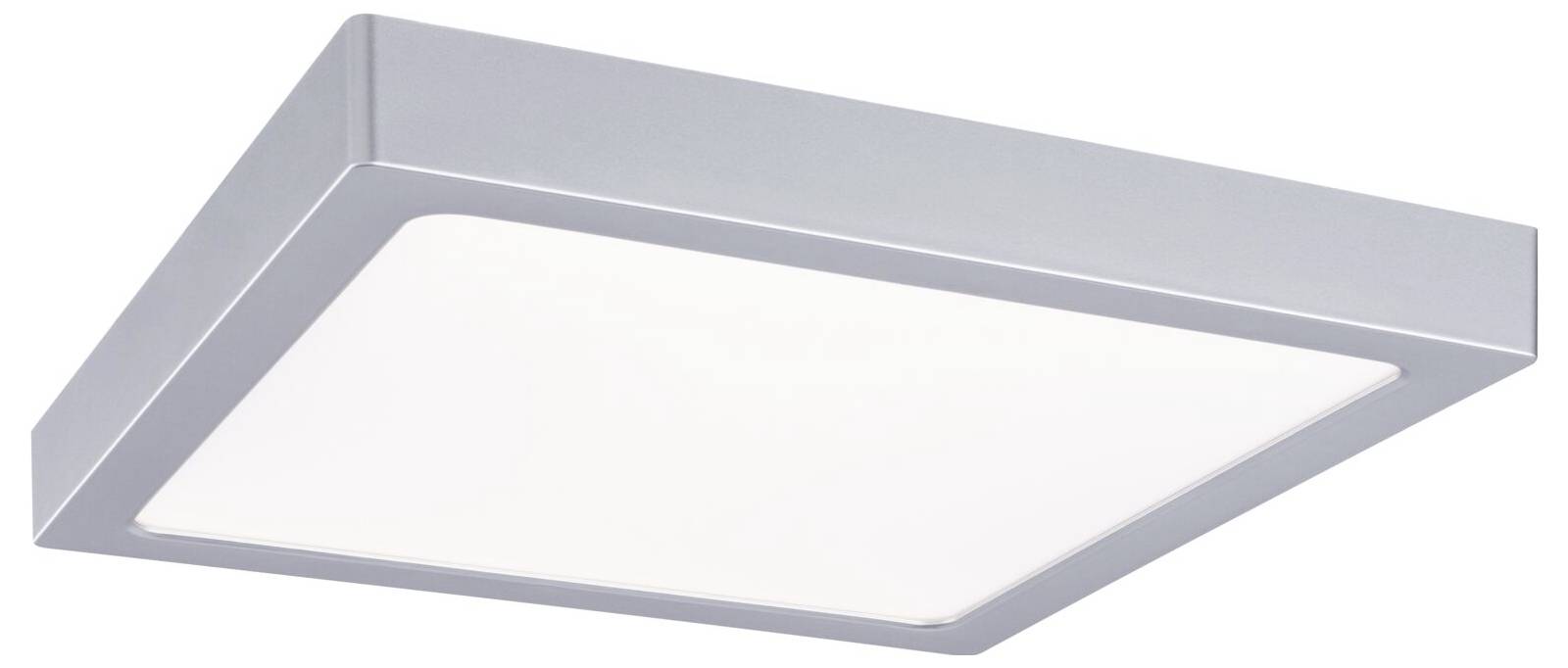 Plafoniera rettangolare moderna con cornice argentata e diffusore bianco satinato, vista da sotto.