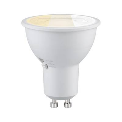 Lampadina spotlight LED bianca con piedini GU10 e faccia in stile riflettore opaco, mostrata su uno sfondo neutro.
