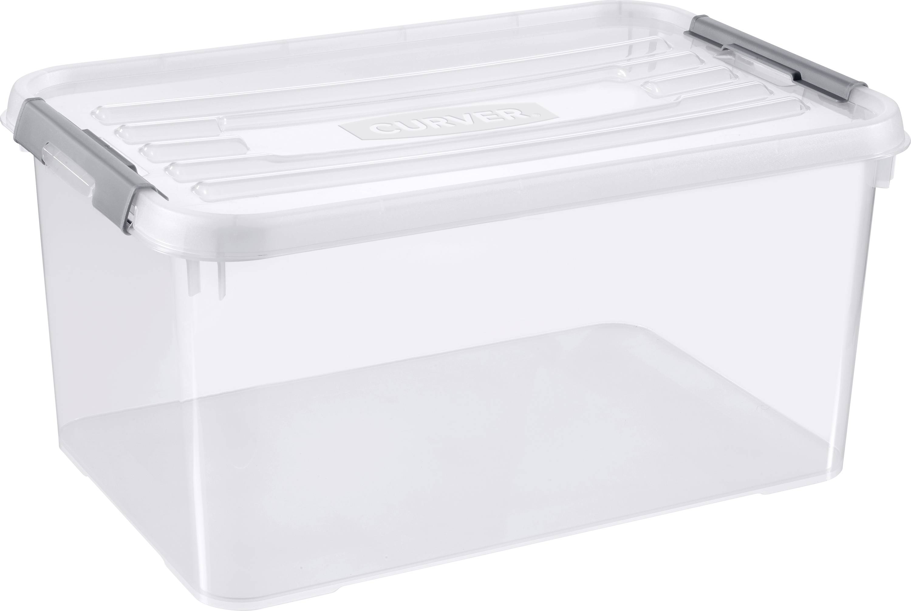 Contenitore di stoccaggio in plastica trasparente con coperchio bianco a scatto e fermi laterali grigi.