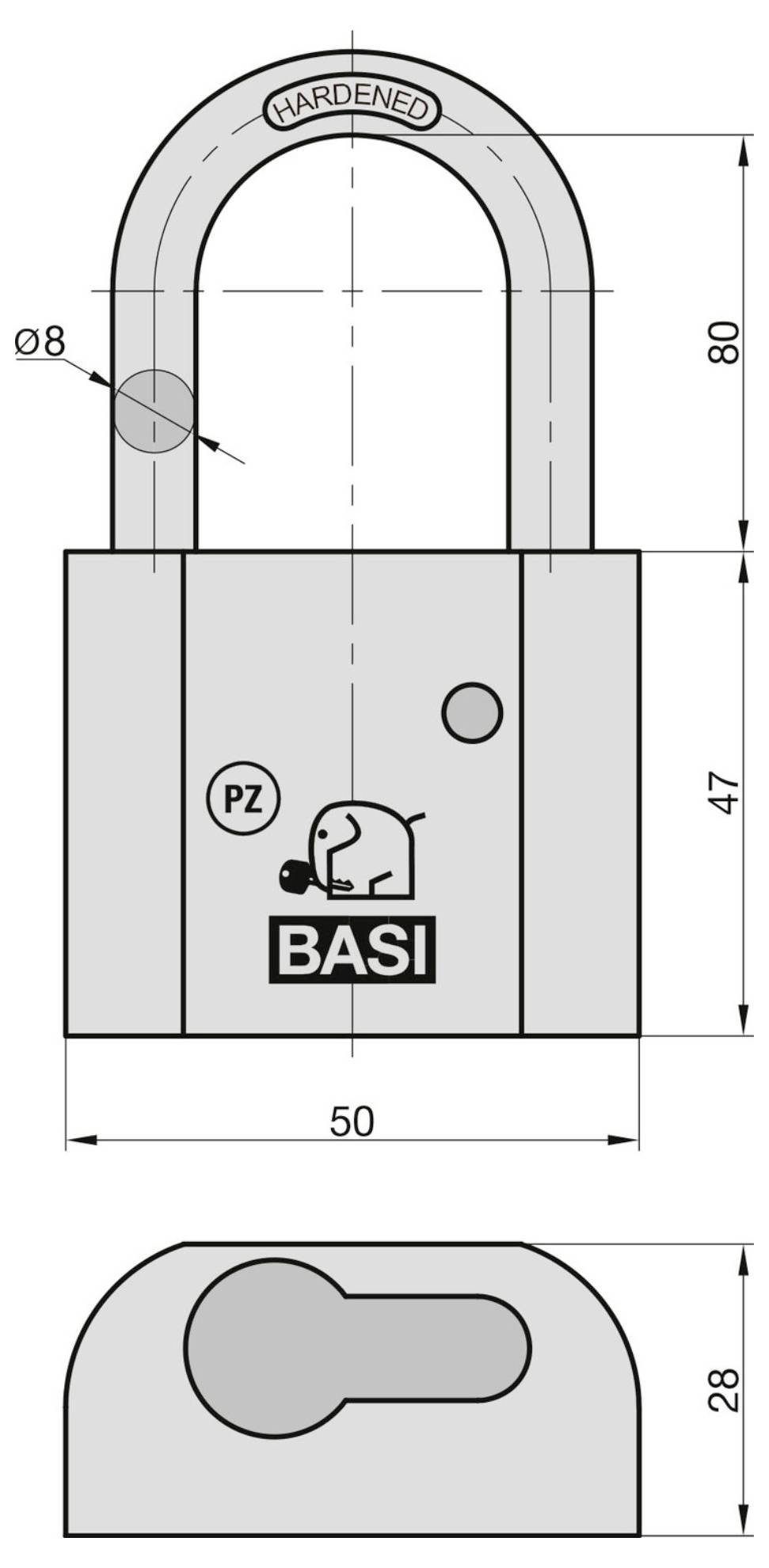 Disegno tecnico di un lucchetto BASI con arco indurito, vista frontale e vista dall'alto, dimensioni etichettate 50, 80, 47, 28 e Ø8.
