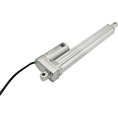 Attuatore lineare elettrico con involucro argentato, albero esteso, occhielli di montaggio e cavo di alimentazione collegato su sfondo bianco.