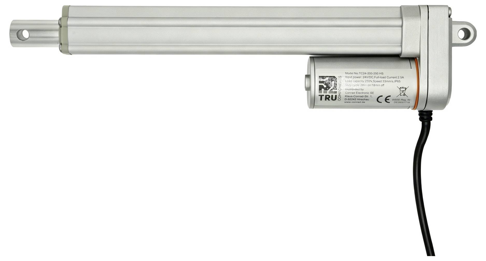 Attuatore lineare elettrico in argento con occhielli di montaggio e cavo di alimentazione collegato, mostrato su sfondo bianco.