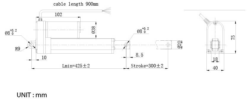 Disegno tecnico di un attuatore lineare con lunghezza cavo 900 mm, che mostra le dimensioni in millimetri, inclusa la lunghezza minima di 425±2 mm e la corsa di 300±2 mm.