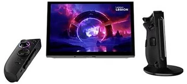 Monitor da gioco Lenovo Legion mostrato con un controller staccabile a sinistra e una base di supporto a destra.
