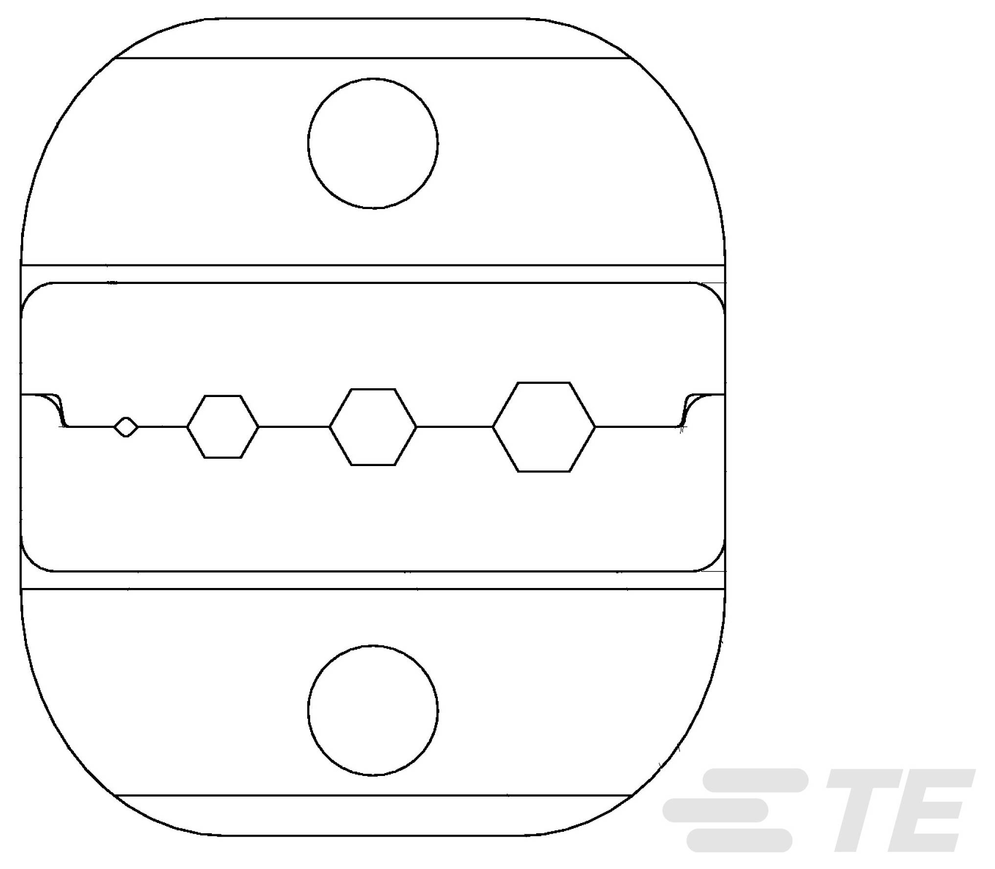 Disegno tecnico di un alloggiamento connettore a forma rettangolare arrotondata con due fori di montaggio circolari e una fila centrale di terminali esagonali.