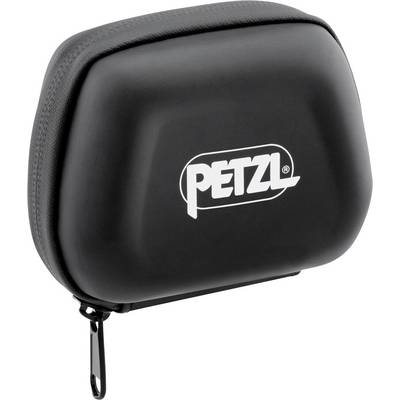 Custodia rigida con cerniera Petzl nera con logo sulla parte anteriore, mostrata isolata su sfondo bianco.