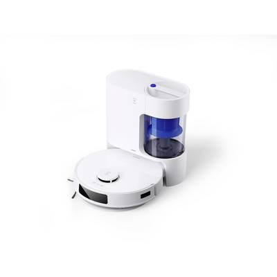 Aspirapolvere robot e stazione di svuotamento automatico su sfondo bianco, che mostra un sistema di pulizia automatica e di svuotamento della polvere.