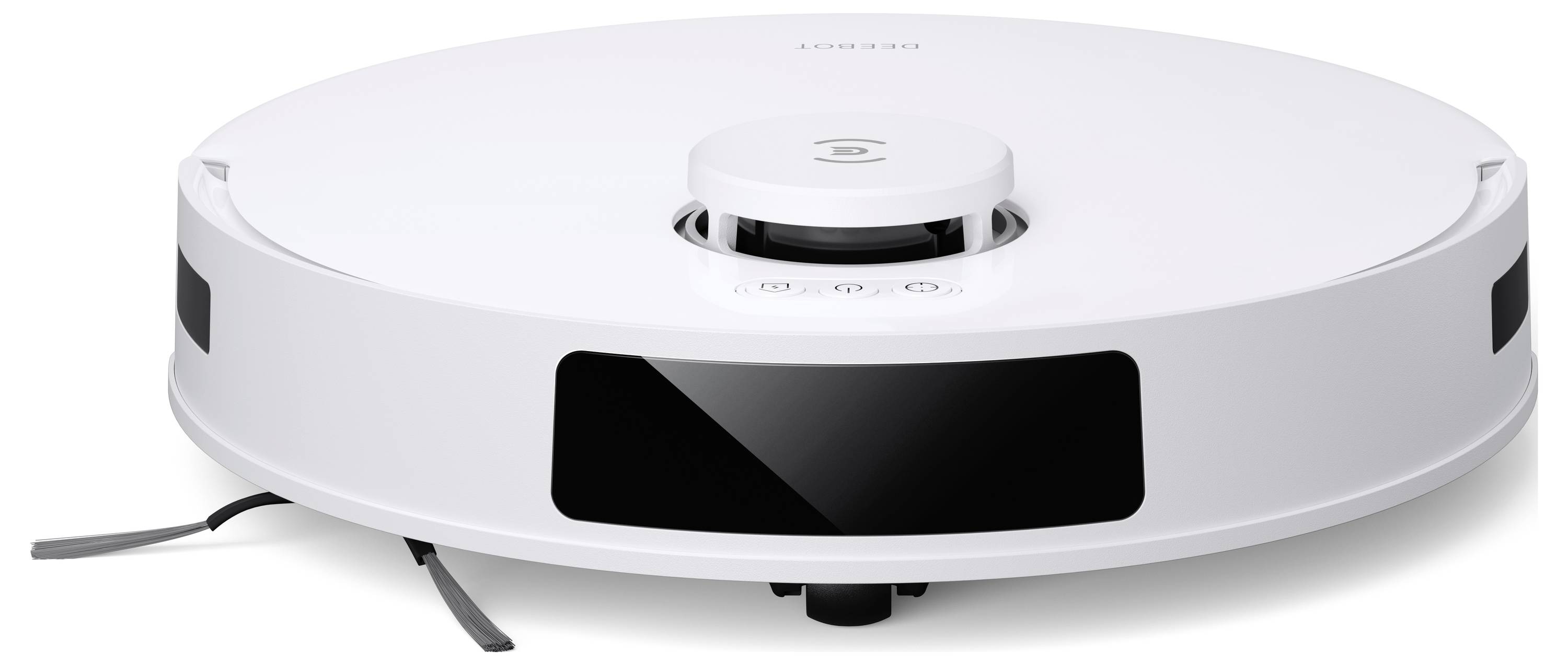 Aspirapolvere robotico bianco con torretta sensore centrale e pannello fotocamera frontale, mostrato su uno sfondo neutro.