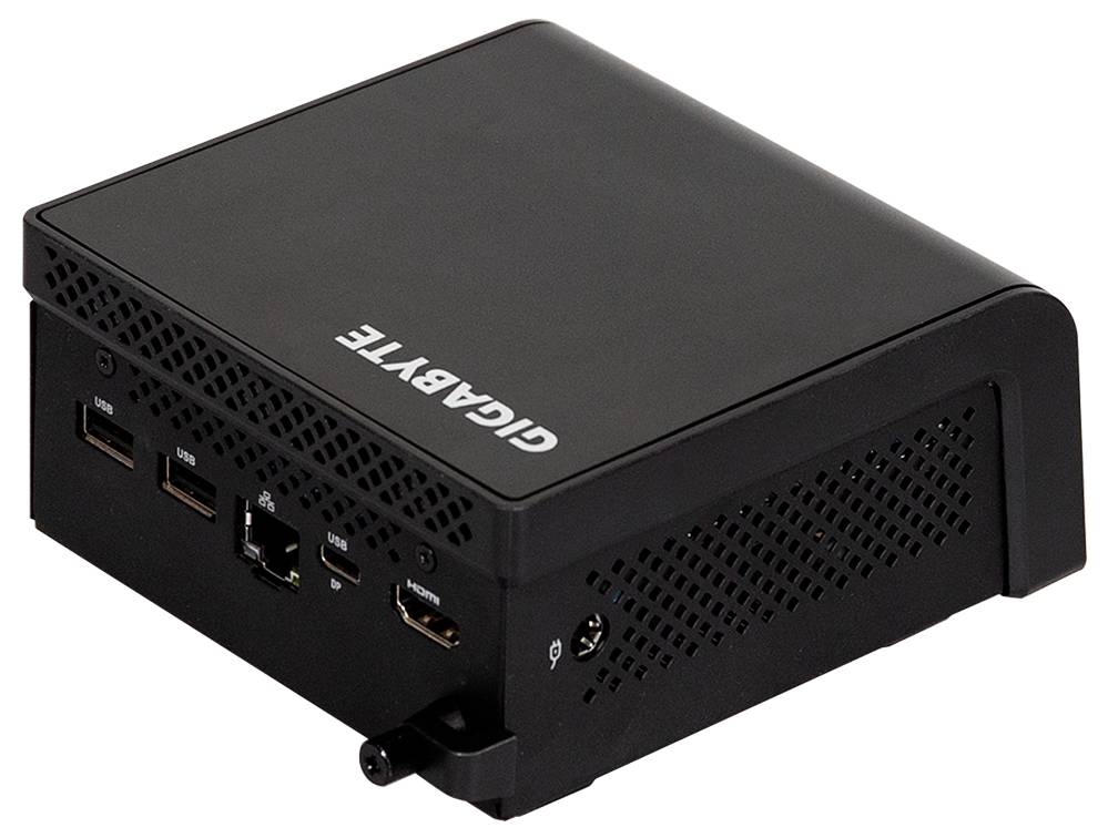 Case mini PC GIGABYTE nero mostrato in vista tre quarti, con porte USB anteriori e audio visibili.