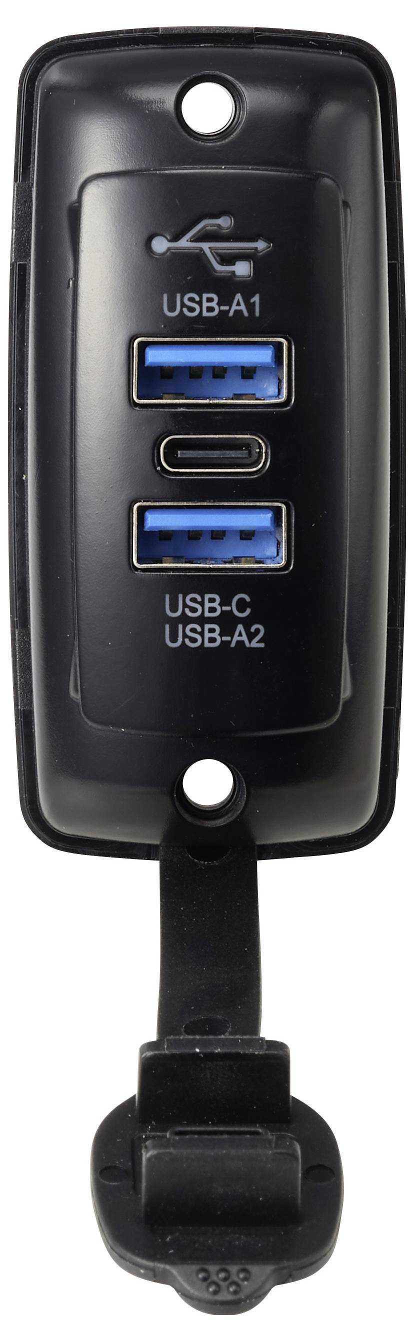Pannello nero con fori di montaggio che mostra le porte USB: USB-A1 in alto, USB-C nel mezzo, USB-A2 in basso e un coperchio antipolvere incernierato alla base.