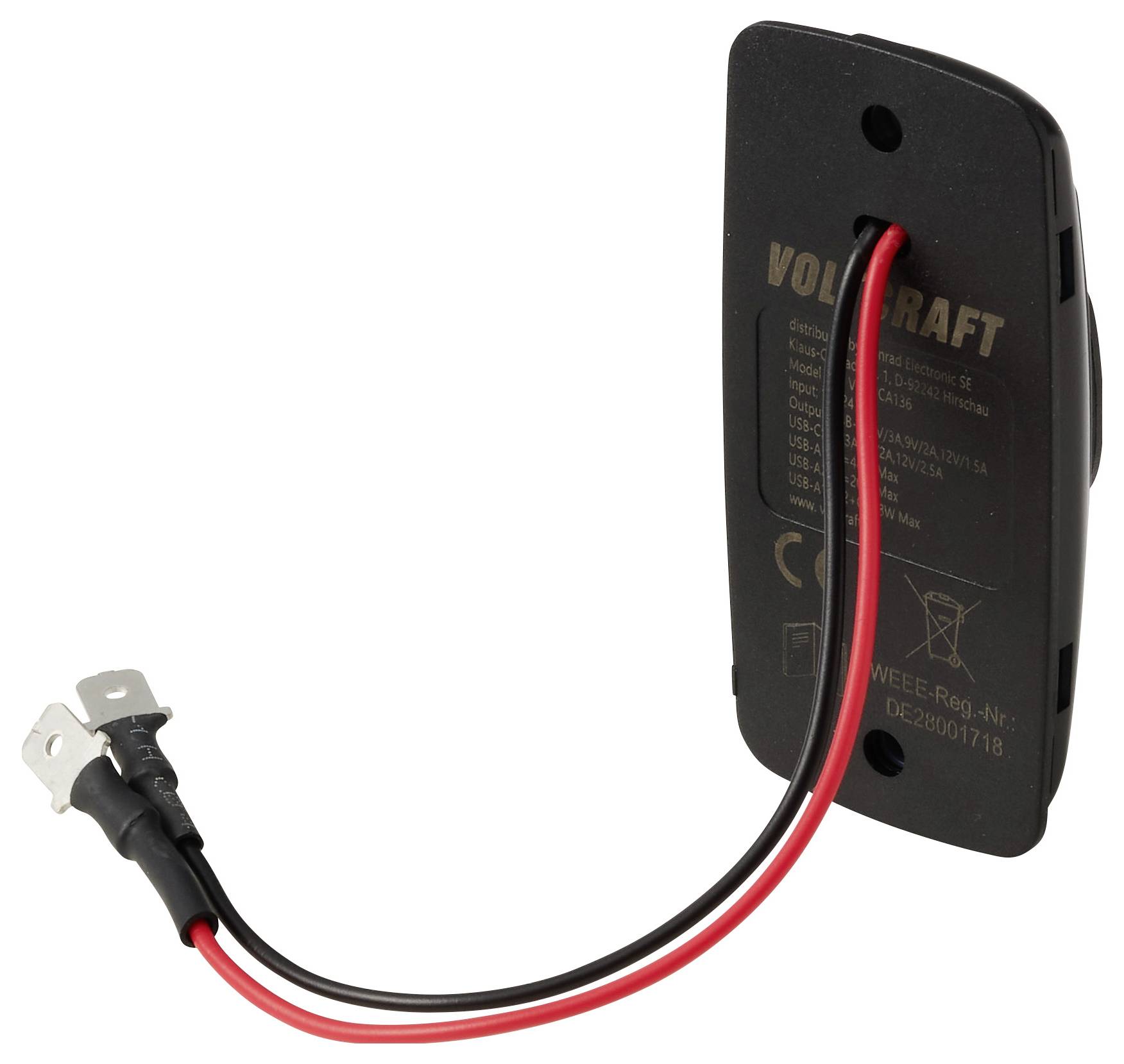 Supporto batterie VOLTCRAFT nero con cavi rosso e nero terminanti in linguette metalliche di collegamento su sfondo bianco
