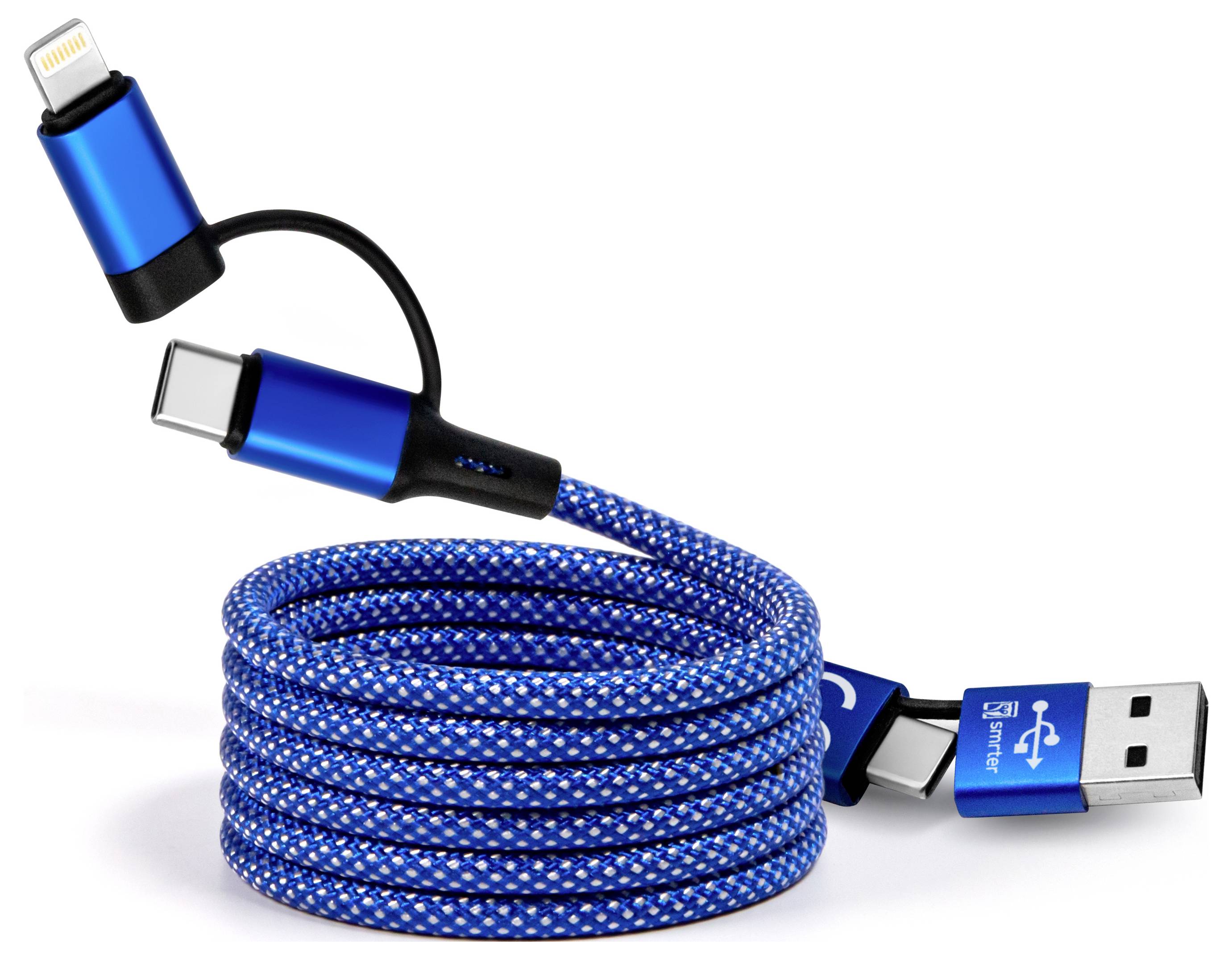Cavo di ricarica USB intrecciato blu arrotolato con connettori Lightning, USB-C e USB-A su sfondo bianco.