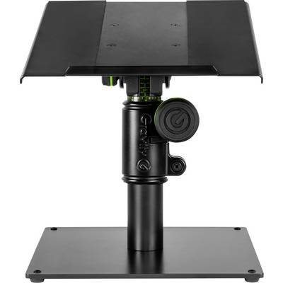 Supporto monitor nero regolabile con vassoio rettangolare superiore e base quadrata su sfondo bianco.