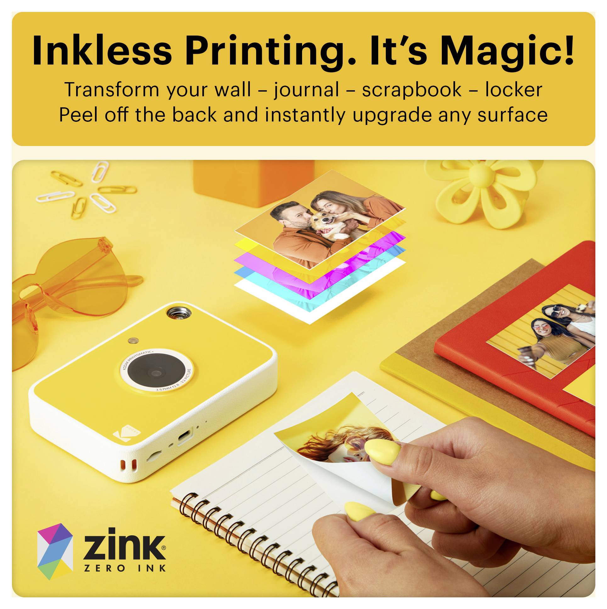 Stampa senza inchiostro. È magia! con una stampante portatile che produce foto adesive da staccare e attaccare per diari, album fotografici e armadietti.