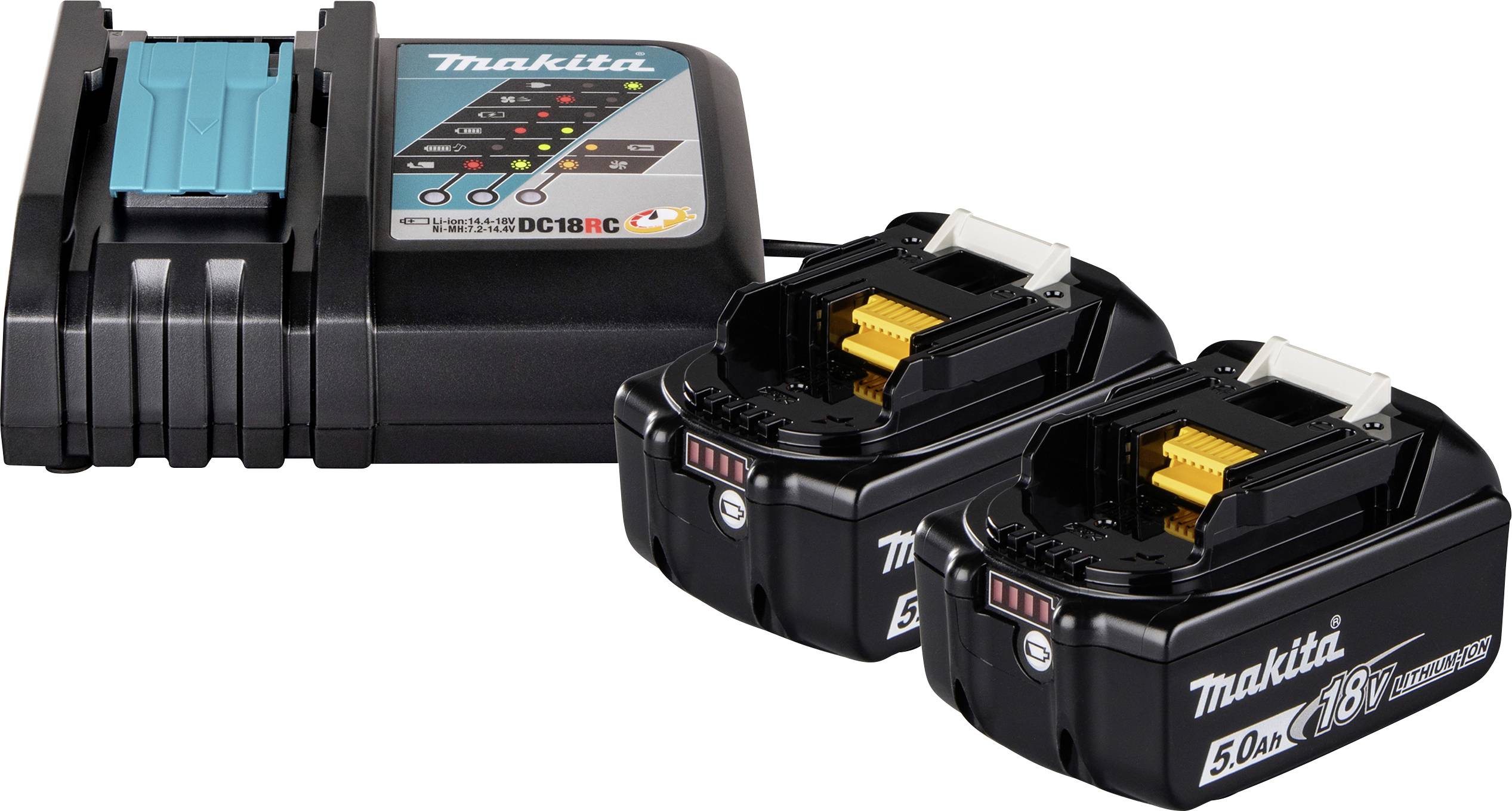 Caricabatterie Makita con due pacchi batteria agli ioni di litio da 18V, mostrati su uno sfondo bianco.