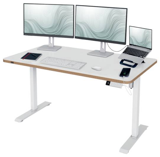 Camera da letto compatta con spazio di lavoro dotata di letto, scrivania regolabile, computer, stampante, sedia, piante e armadiatura a parete per vestiti e raccoglitori.