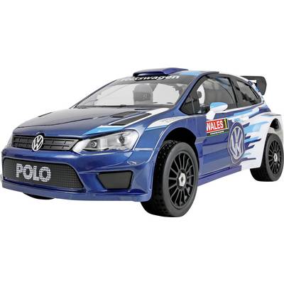 Volkswagen Polo blu da rally su sfondo bianco, mostrata da fronte-sinistra con decalcomanie da corsa, ruote nere e 'POLO' sulla griglia.