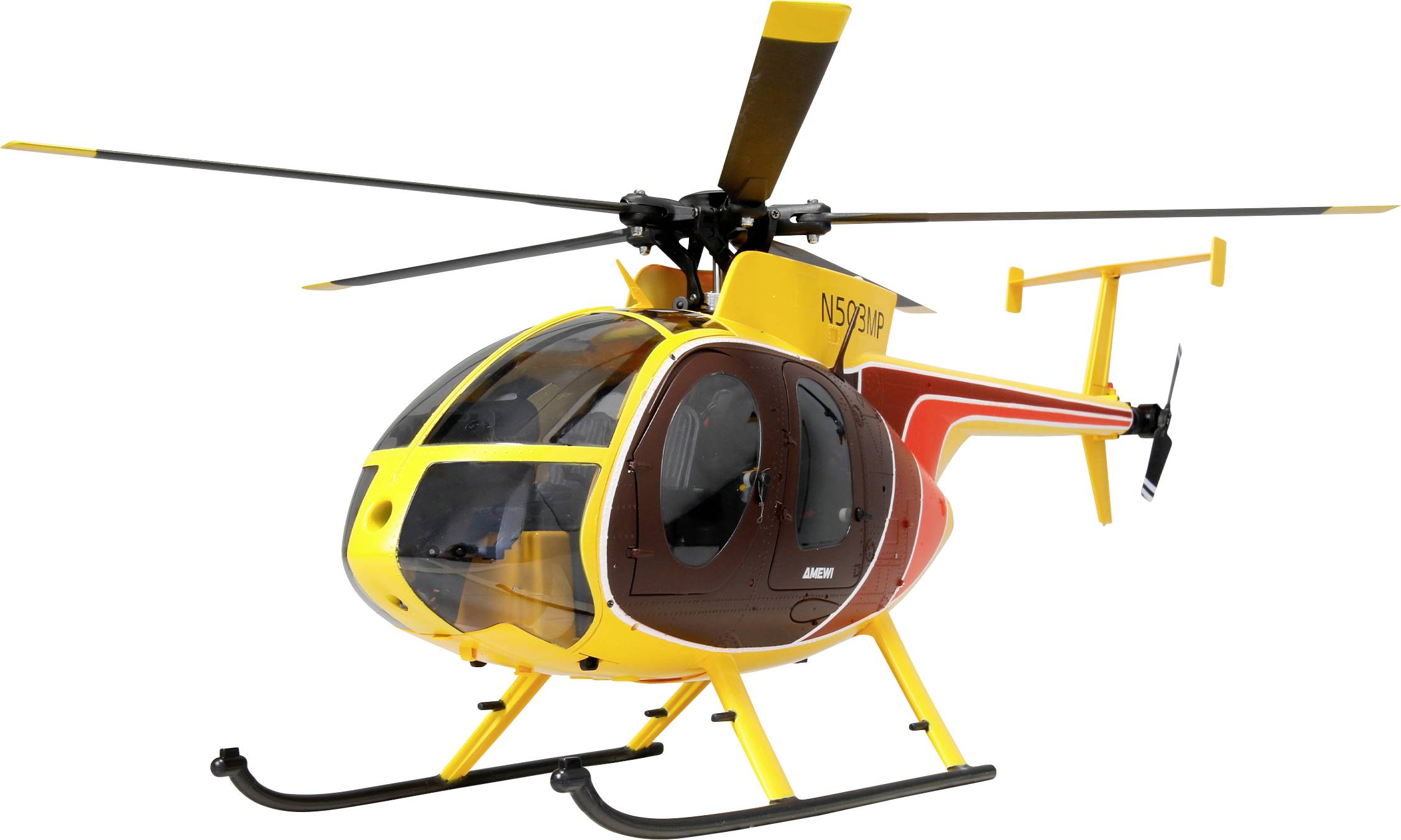 Elicottero monomotore giallo e marrone con carrello di atterraggio a pattini, mostrato isolato su sfondo bianco.