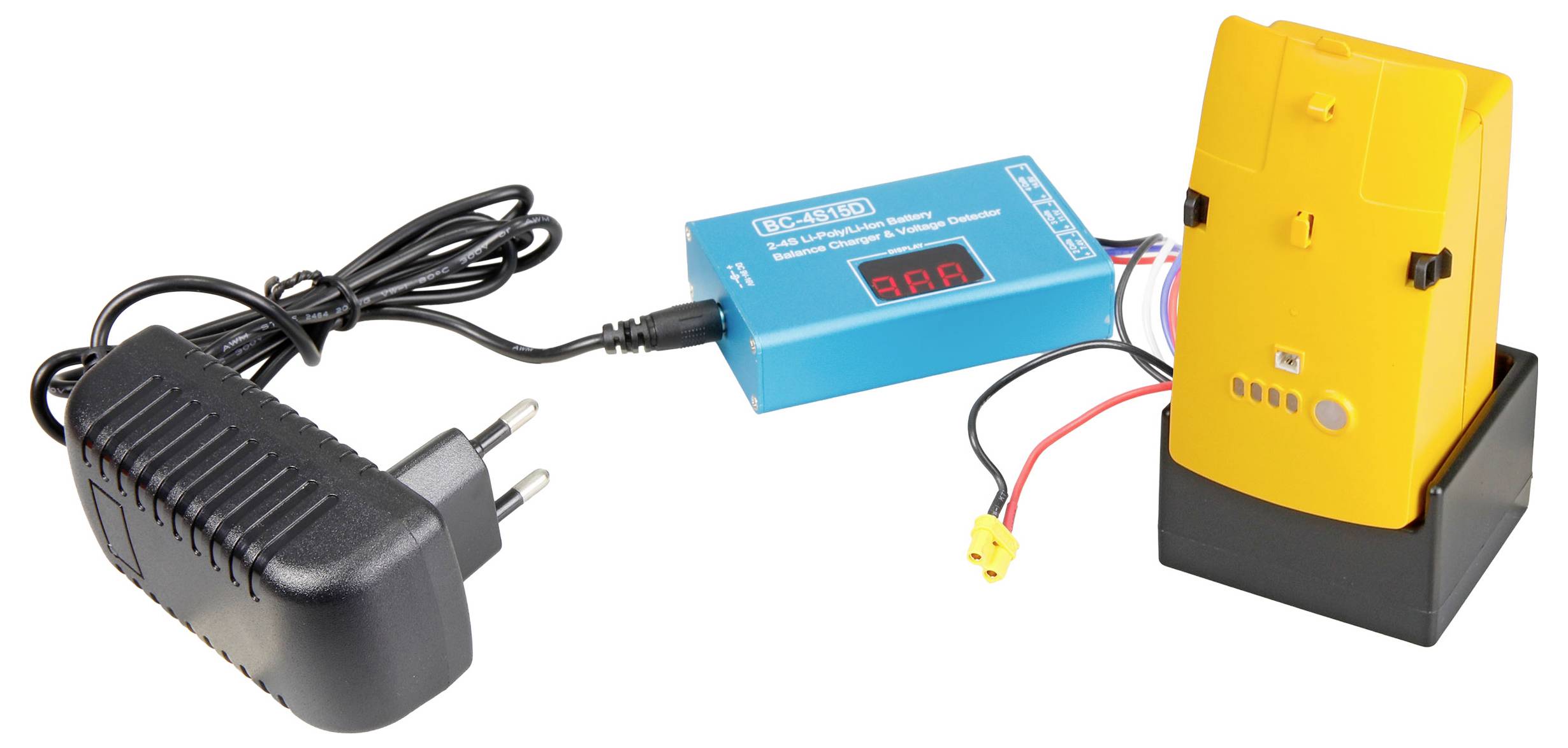 Kit caricabatterie con spina AC da parete, modulo di ricarica blu e pacco batterie ricaricabile giallo collegati da cavi.