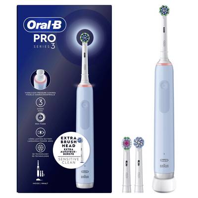 Spazzolino elettrico Oral-B Pro Series 3 mostrato con confezione e testine di ricambio; manico blu con testina rotonda e etichetta 'Pulizia Delicata'.
