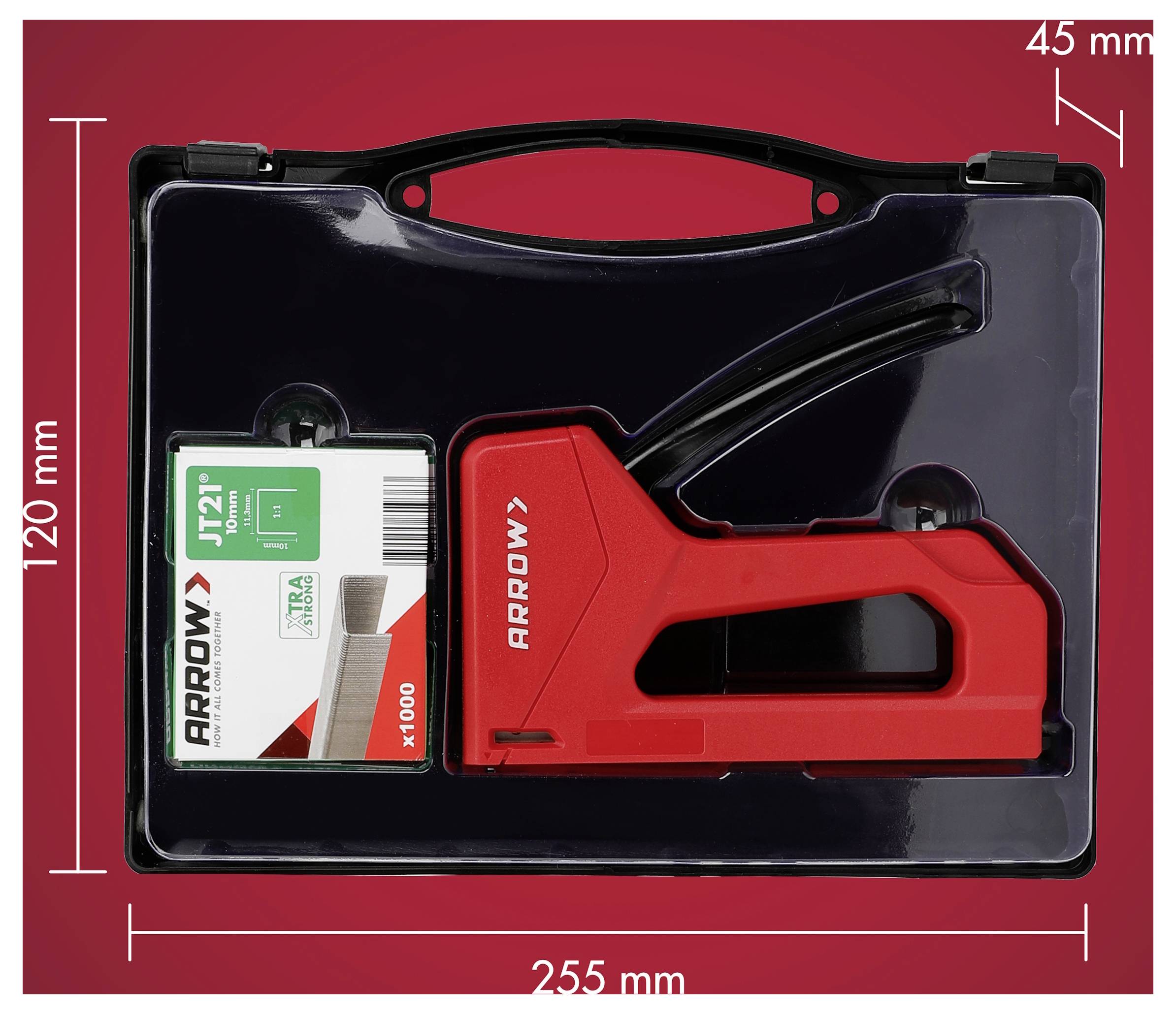 Cucitrice Red Arrow in una custodia di trasporto in plastica nera con punti metallici, mostrata con etichette di dimensioni 255 mm di larghezza, 120 mm di altezza e 45 mm di profondità.