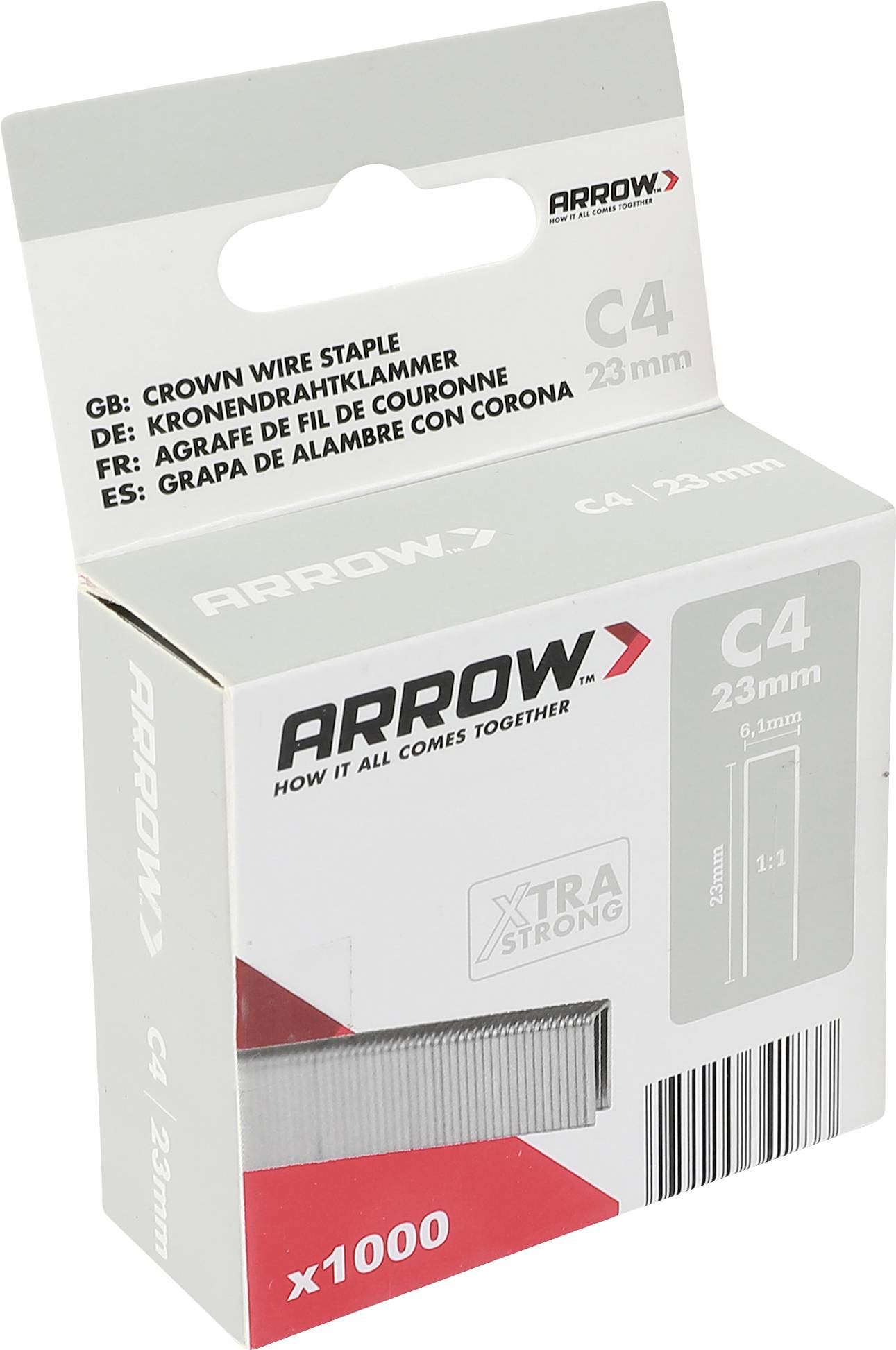 Punti metallici per pinzatrice Arrow C4 23 mm corona, scatola etichettata x1000, mostrati su sfondo bianco.