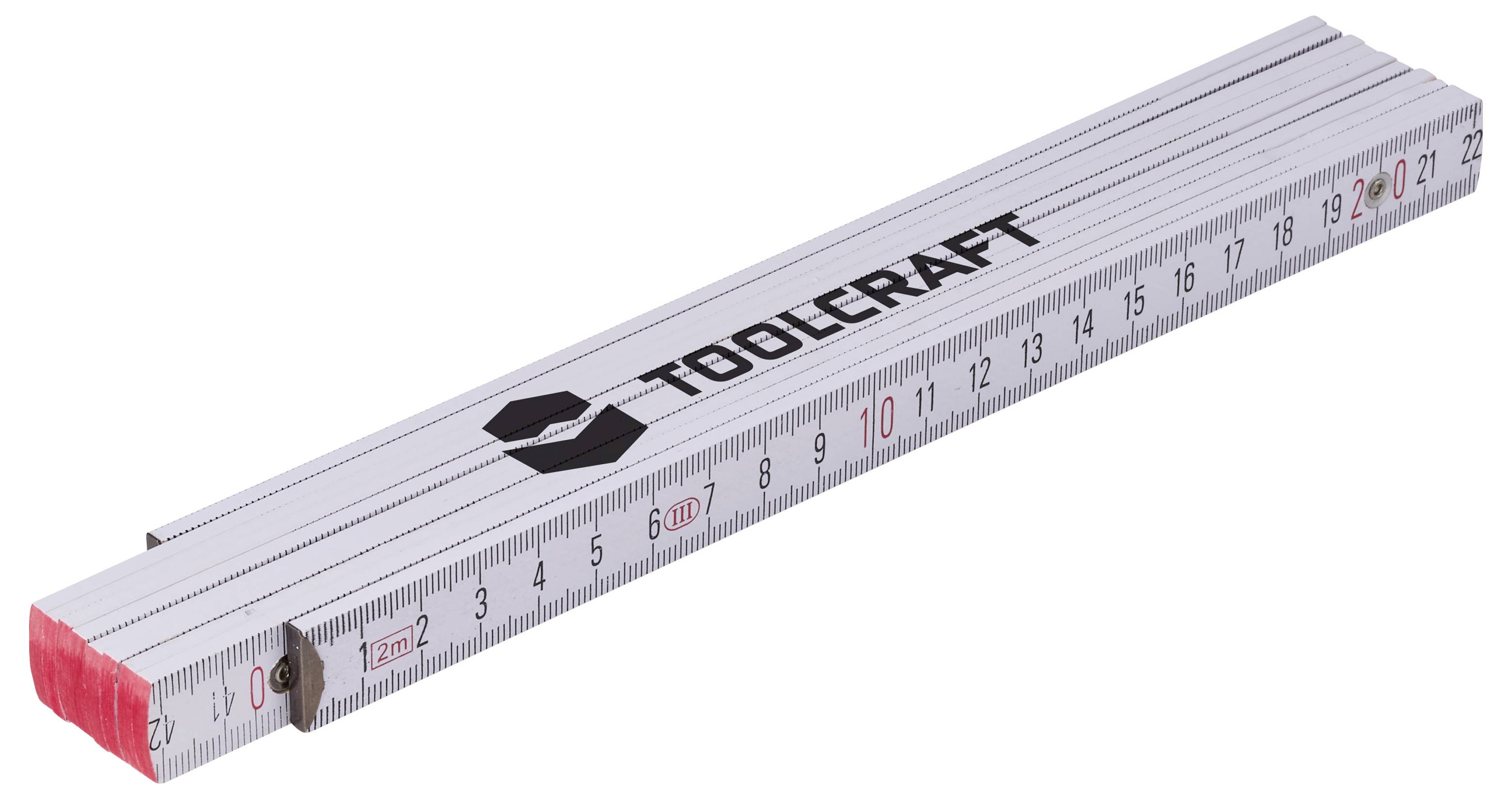 Righello pieghevole con marchio "FÖOLCRAFT" nero e gradazioni metriche, mostrato esteso su sfondo bianco.