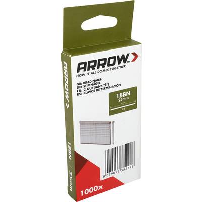 Confezione di chiodi Arrow, 1000 pezzi, chiodi brad 18BN 25mm, con marchio del prodotto e codice a barre sulla fronte.
