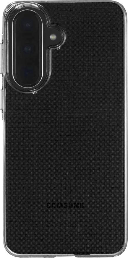 Vista posteriore di uno smartphone Samsung nero in una custodia protettiva trasparente, che mostra il ritaglio della fotocamera doppia.