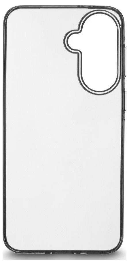 Custodia per smartphone trasparente con bordi arrotondati e un ampio ritaglio per il modulo fotocamera posteriore.