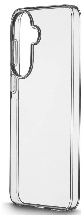 Custodia trasparente per telefono con ritaglio fotocamera rialzato, mostrata da dietro su sfondo bianco.