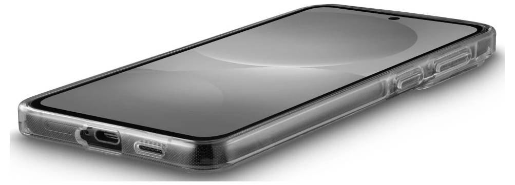 Uno smartphone appoggiato con lo schermo rivolto verso l'alto in una custodia protettiva trasparente, visto da un'angolazione laterale.