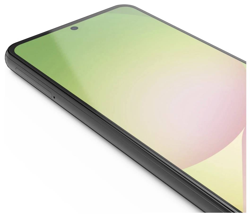 Uno smartphone nero mostrato in angolazione con un display a schermo intero lucido e un piccolo foro per la fotocamera anteriore.