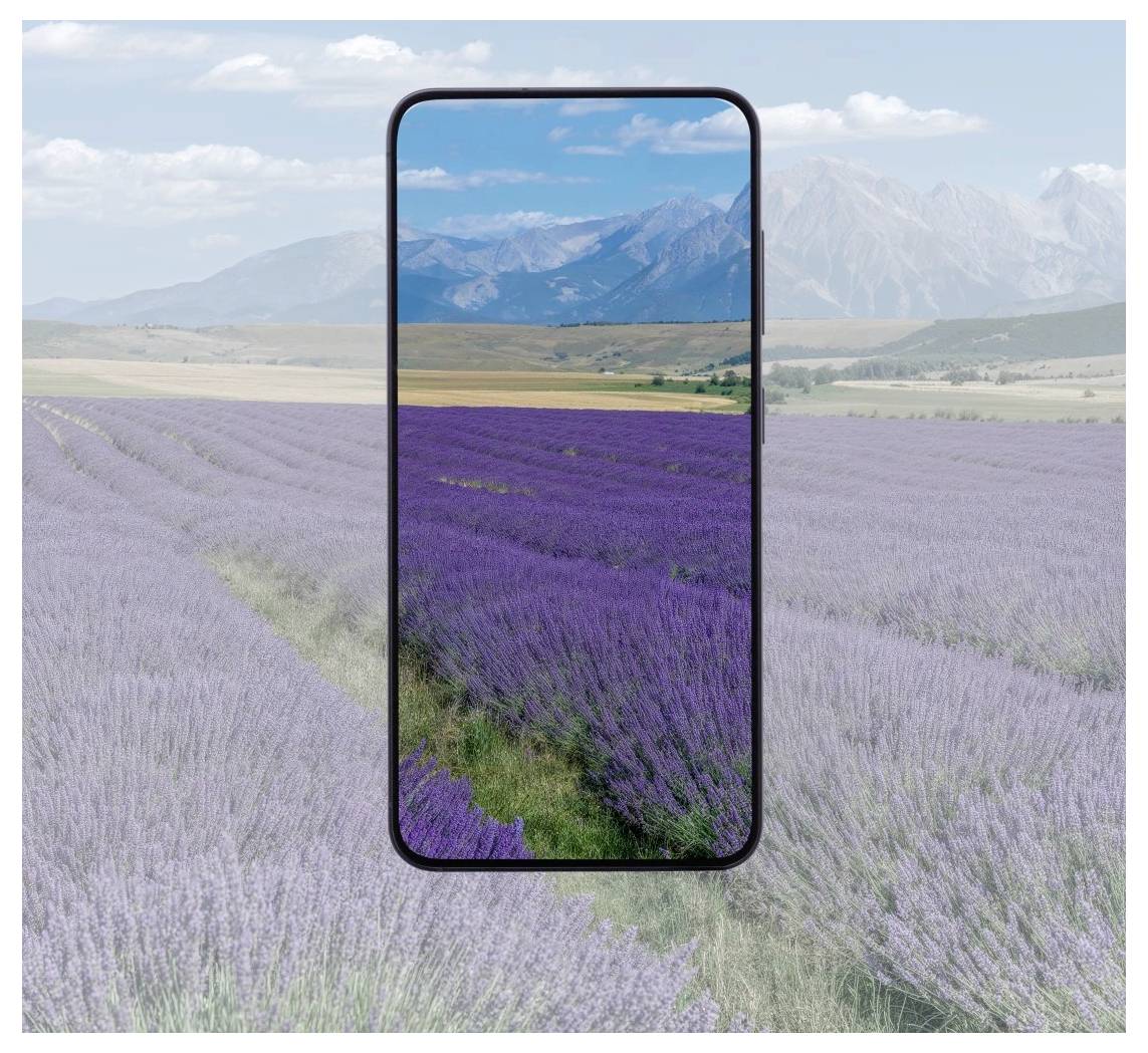 Cornice di smartphone che evidenzia vivaci file di lavanda viola al centro di un campo di lavanda spenta con montagne sullo sfondo.