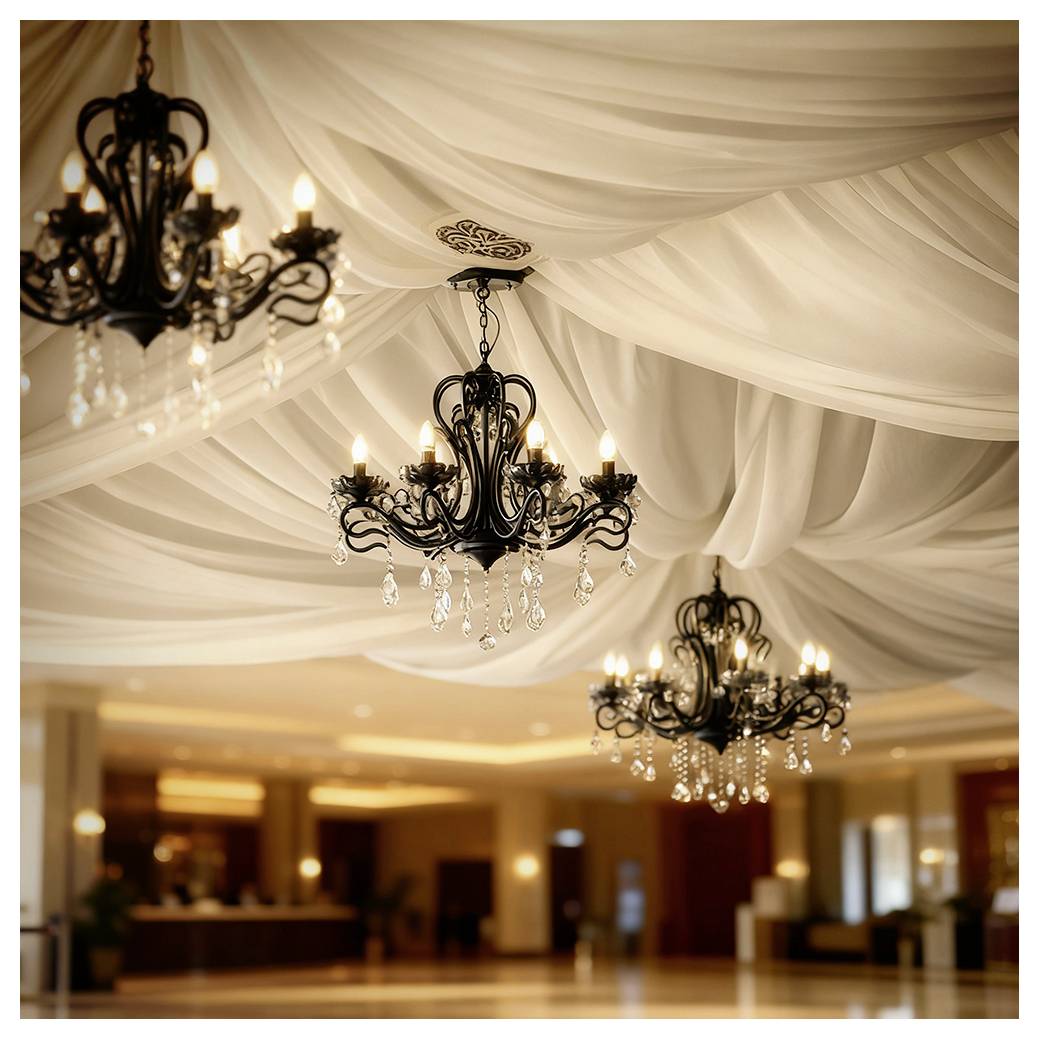 Eleganti lampadari neri con lampadine accese e cristalli pendenti sotto un tessuto bianco drappeggiato al soffitto in una sala da banchetto delicatamente illuminata.