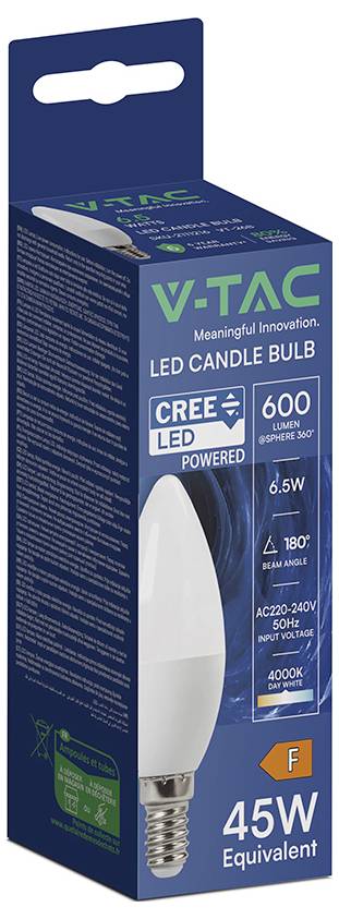 V-TAC lampadina LED a candela, confezione prodotto, che mostra una lampadina LED CREE da 6W con 600 lumen, luce naturale 4000K, angolo di fascio di 180° ed equivalente a 45W.