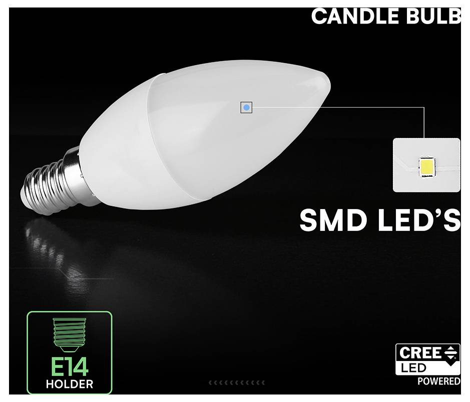 Immagine del prodotto di una lampadina LED a forma di candela bianca con attacco E14, etichettata 'CANDLE BULB' e 'SMD LED'S', con badge alimentato da Cree LED.