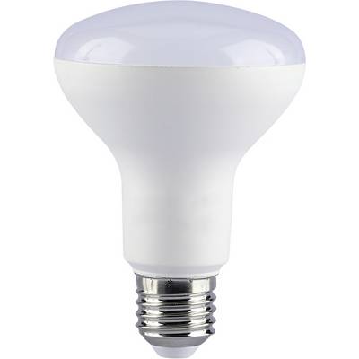 Una lampadina LED bianca con ampia sommità satinata e base a vite metallica su uno sfondo neutro.